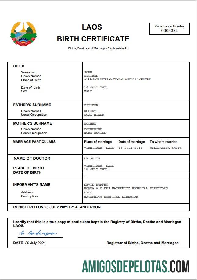Imprimível modelo Word e PDF de certidão de nascimento do Laos